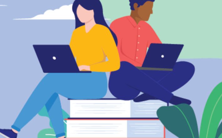 illustrated graphic 2 people on laptops sitting on a stack of books
